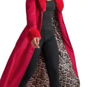Venus Red Faux Fur Trimmed Wool Winter Trench Coat A-Line